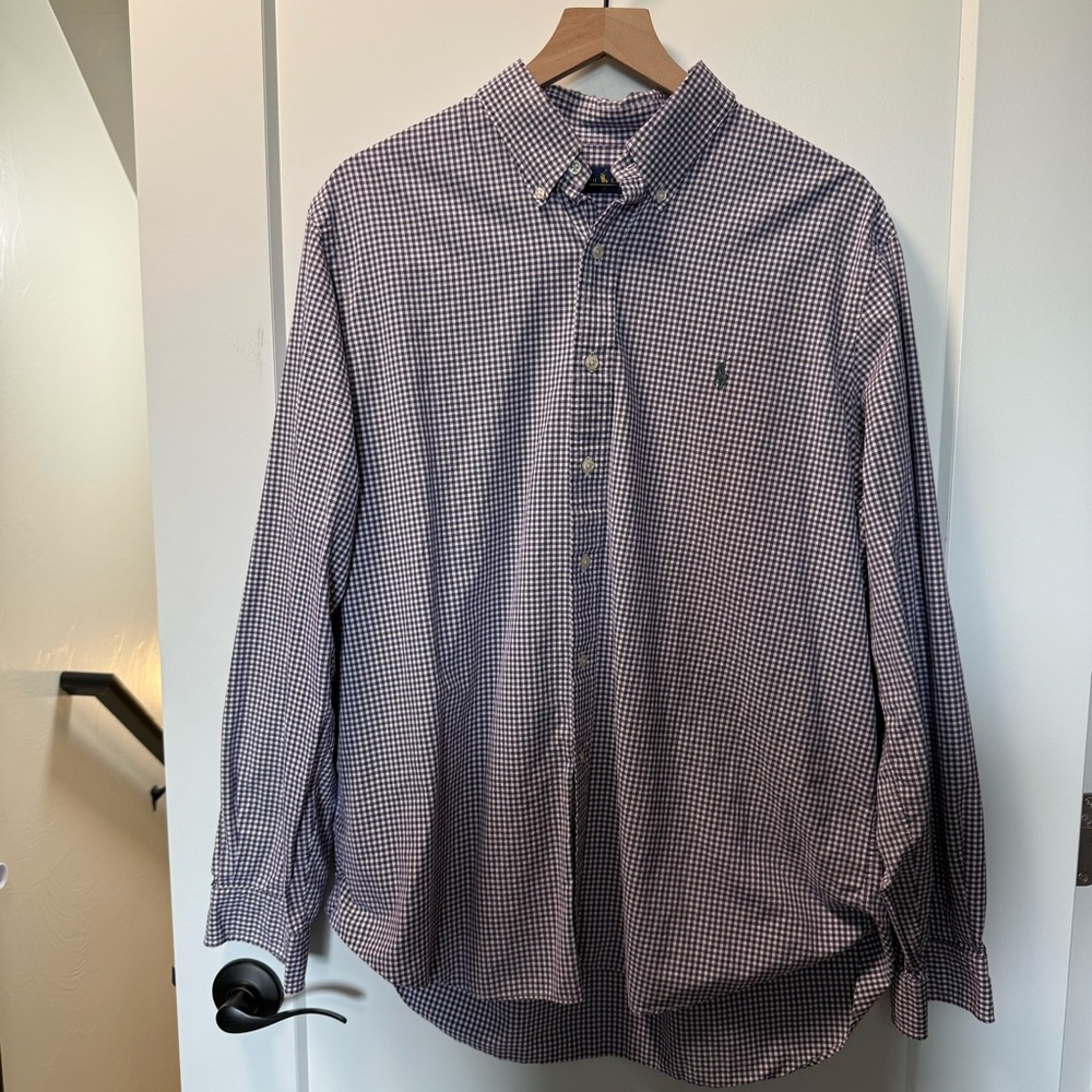 Ralph Lauren Men's Long Sleeve Collared Dress Shirt Purple White Check Gingham